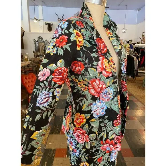 1980s denim skirt and jacket bright flower print 80s fashion 2 piece jean sm - Picture 3 of 10